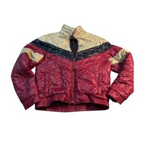 Vtg Alpine Ski  80s Puffer‎ Jacket Red Black Gold Chevron Winter Coat Size L